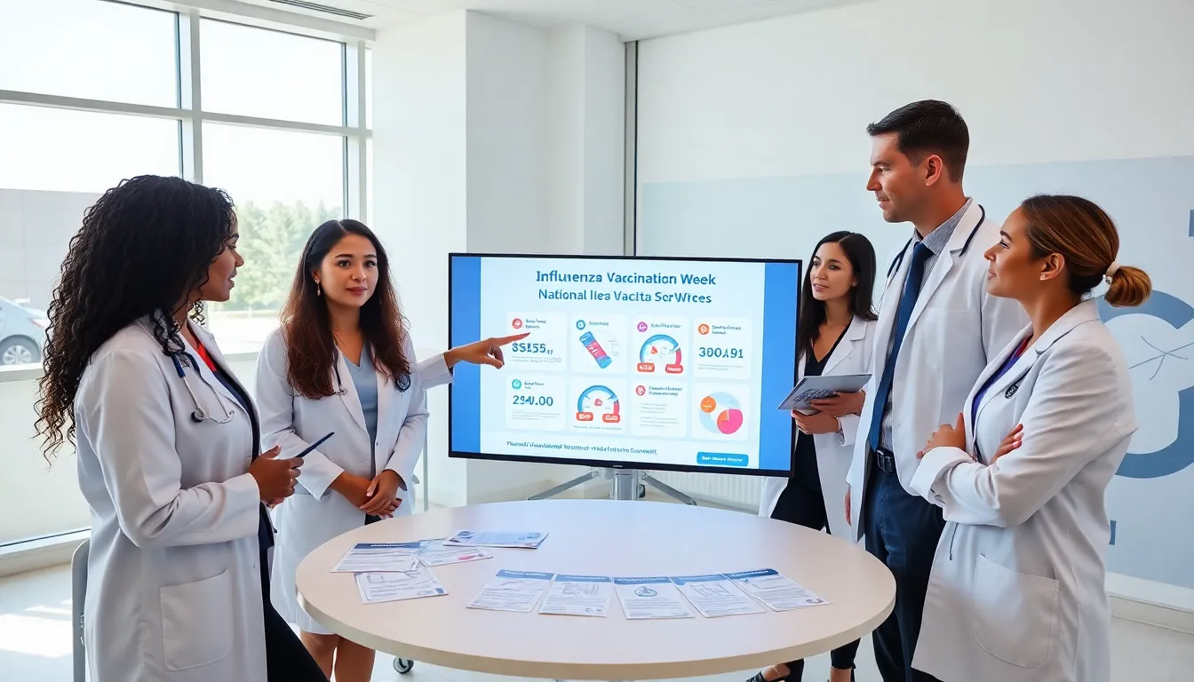 diverse healthcare professionals discussing flu vaccination in a modern office.