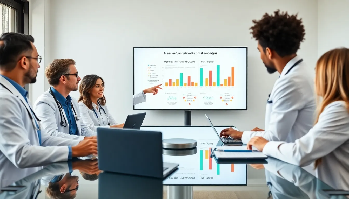 healthcare professionals discussing measles vaccination in a modern office.
