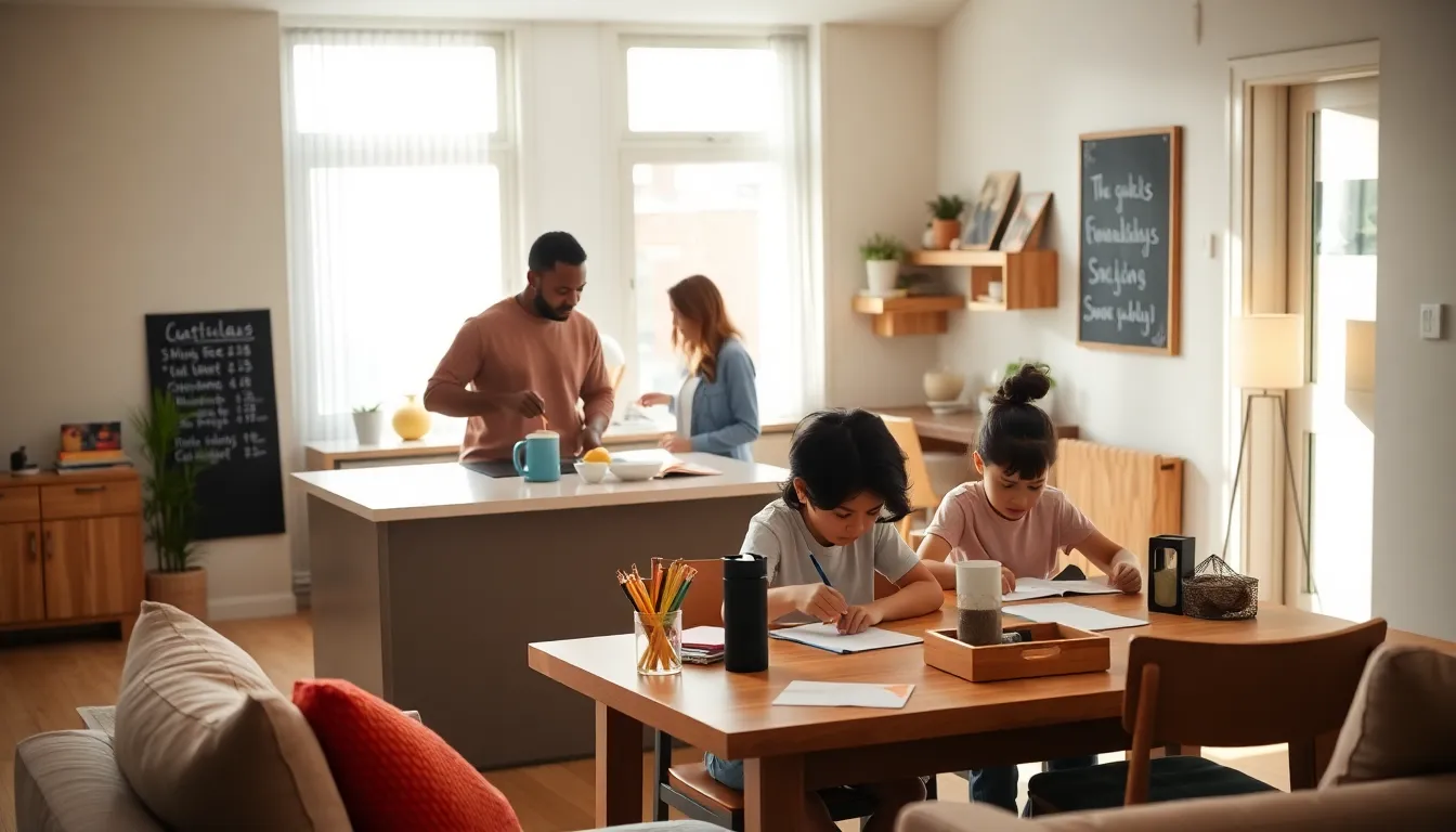 diverse family engaged in a morning routine in a modern home.