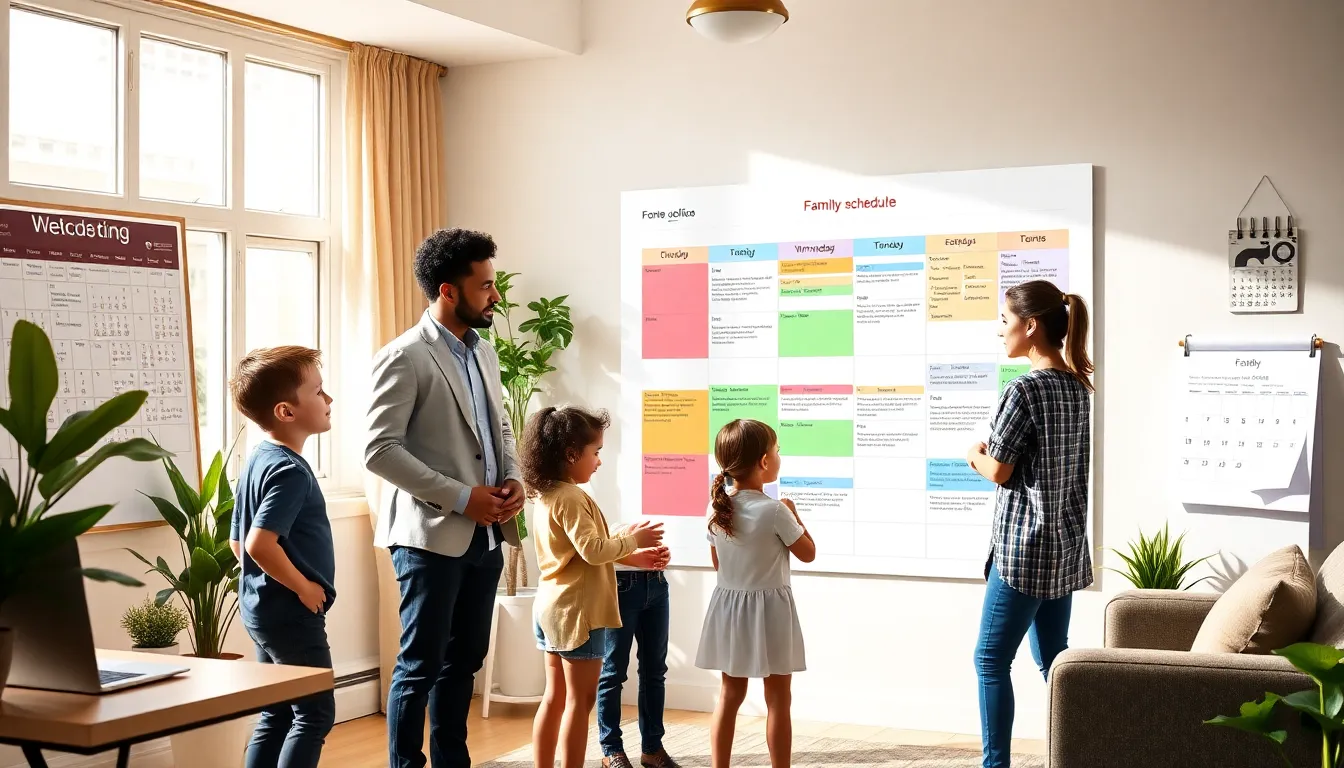 family reviewing their weekly schedule in a modern home office.