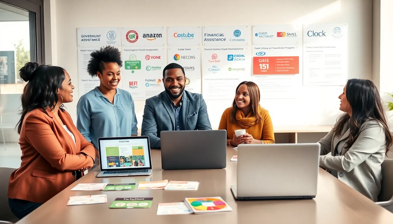 diverse parents discussing daycare financial assistance in a bright community center.
