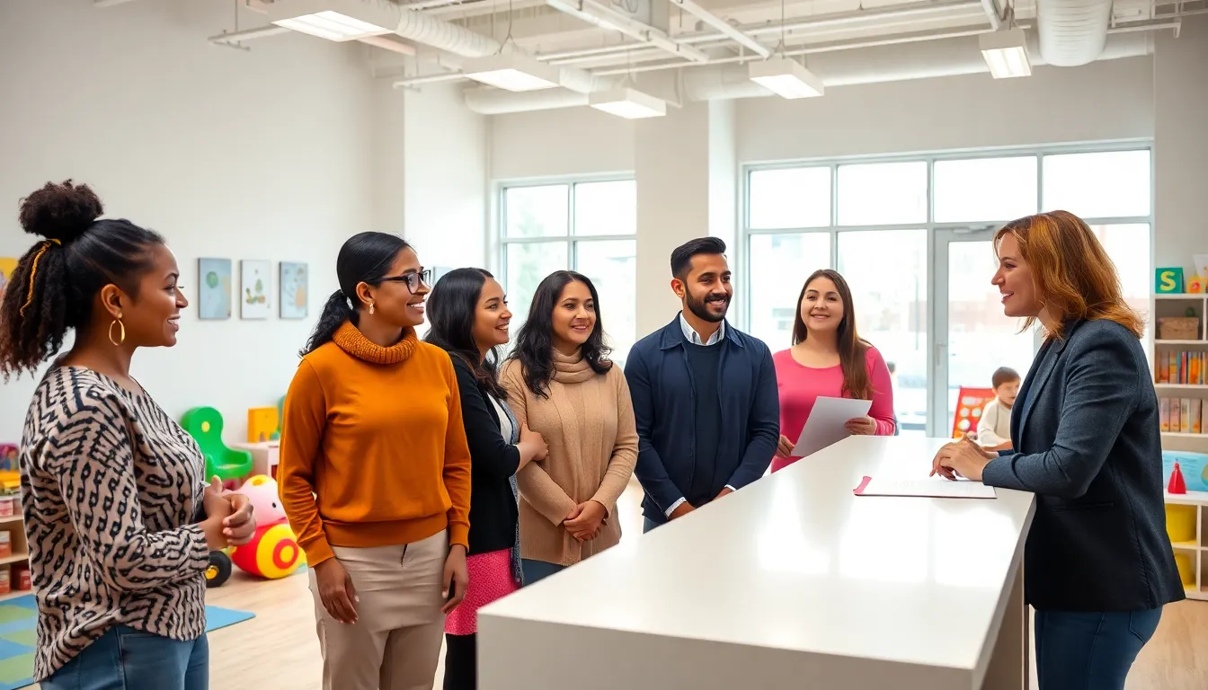 parents discussing childcare options in a modern daycare.