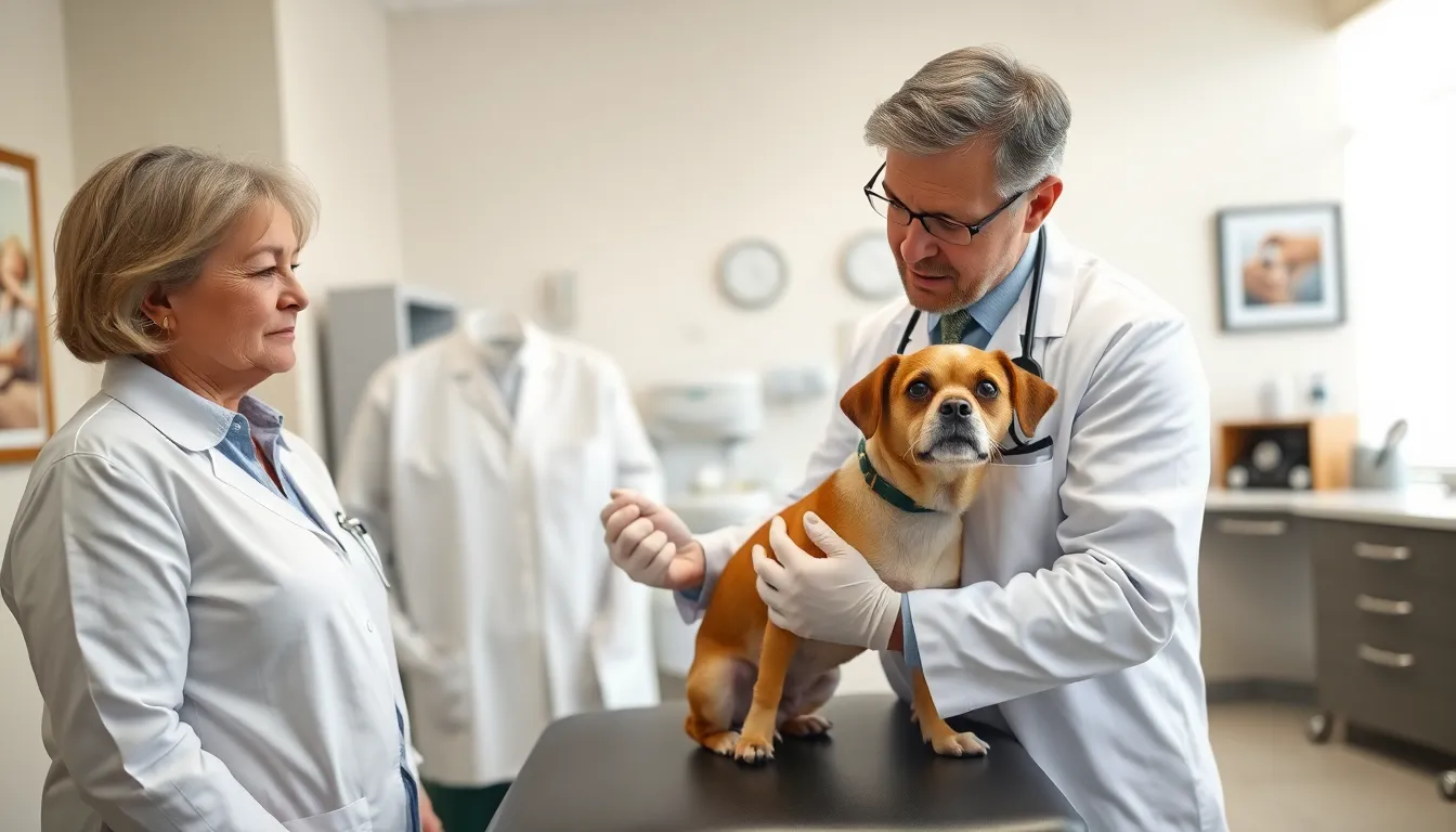 vet giving bordetella vaccination to a dog in a clinic.