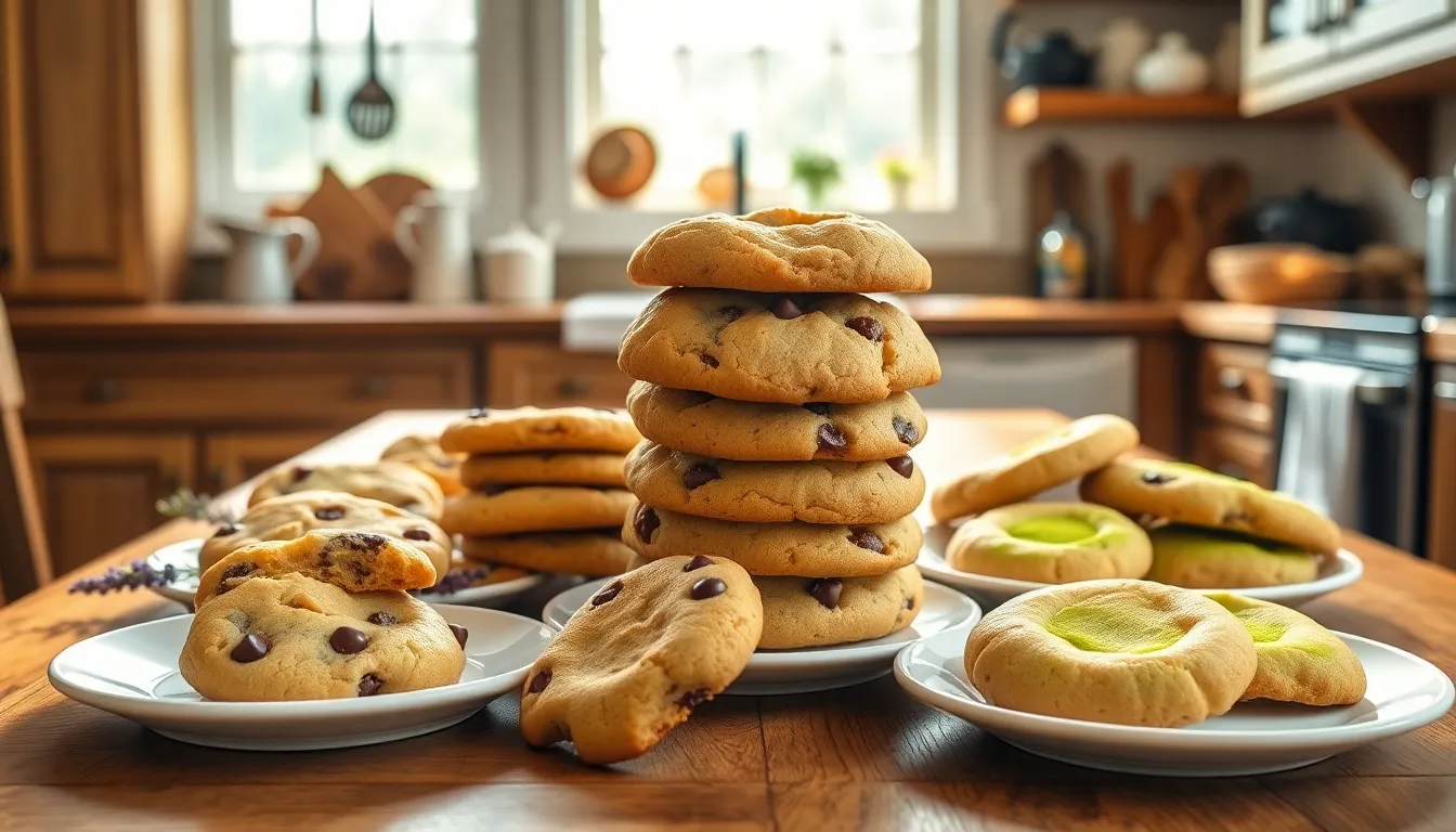 An array of diverse homemade cookies on a wooden kitchen table.